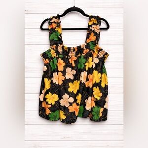 Who What Wear Black Floral Smocked Tank with Yellow & Green Accents